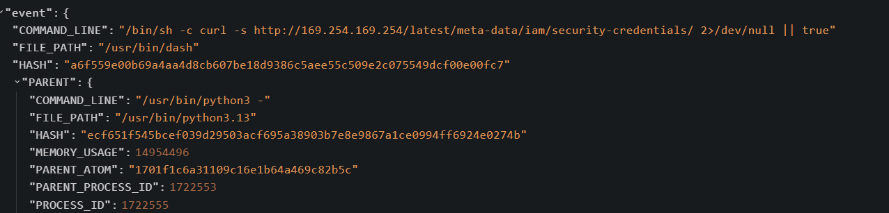 LimaCharlie event JSON showing curl -s http://169.254.169.254/latest/meta-data/iam/security-credentials/ with parent process python3 - (the collector)